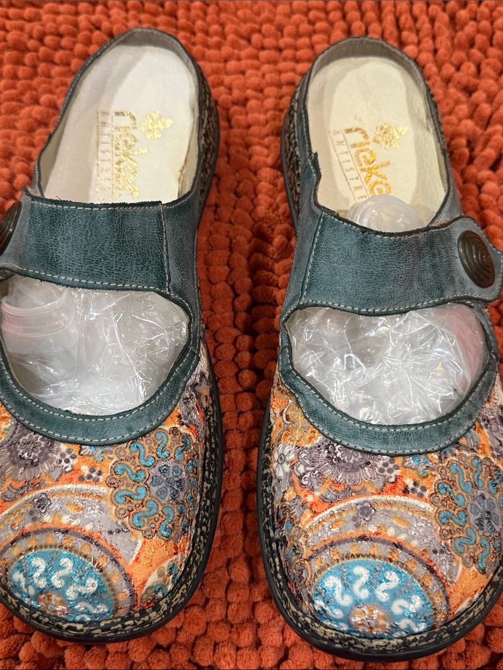 Rieker Teal & Orange Embroidered Slip-On Mary Jane Clogs